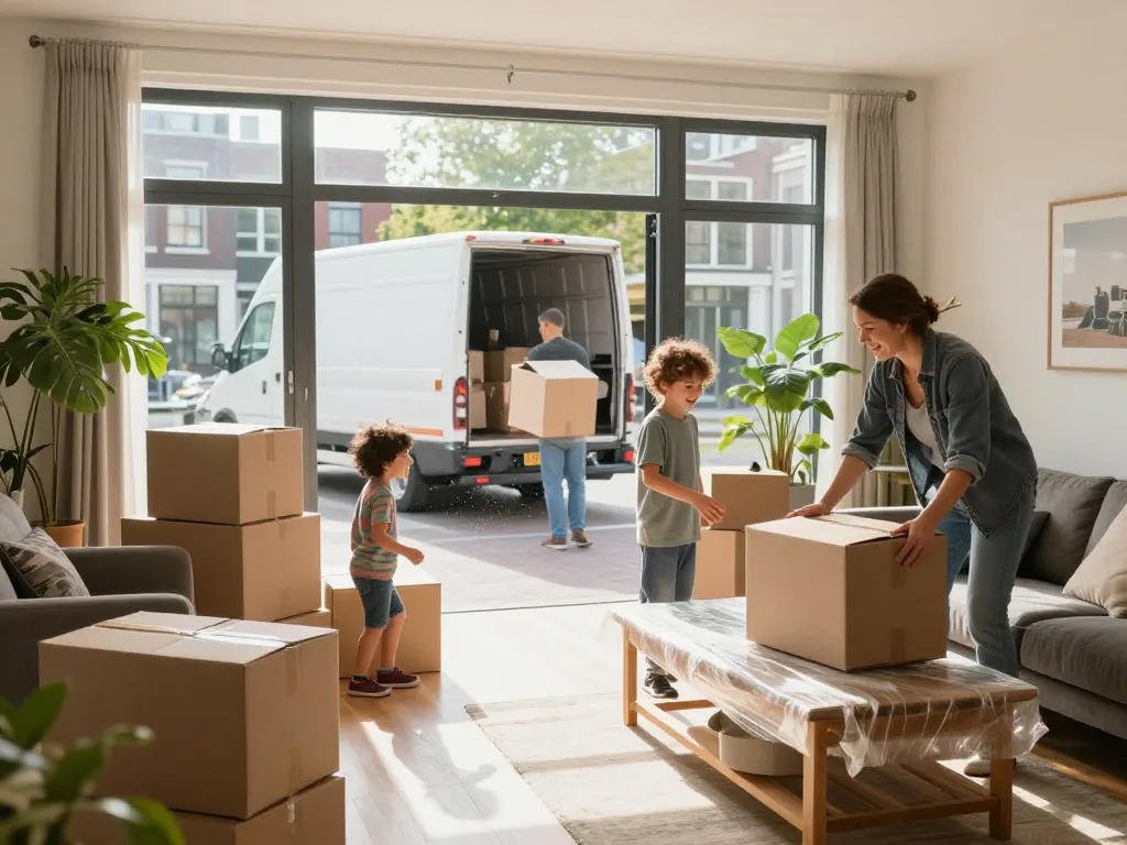 verbouwing en verhuizing Utrecht: Gezin pakt een gezellige woonkamer in voor de verhuisdag in Utrecht, wat een naadloze overgang laat zien.