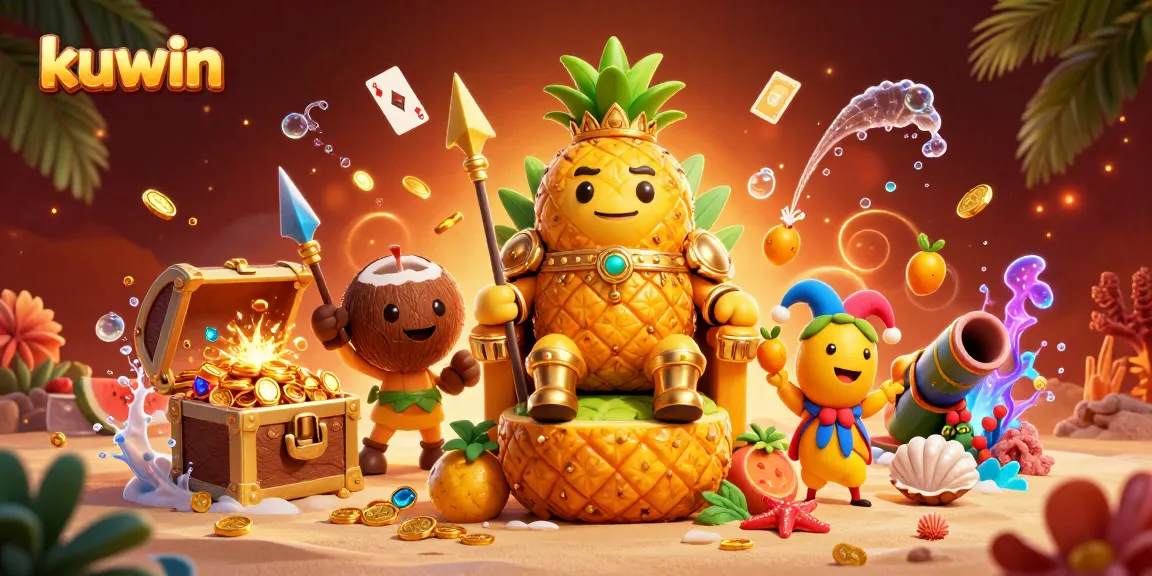 Kuwin platform showcasing a vibrant casino scene with a golden pineapple king and tropical elements, emphasizing engaging gameplay.