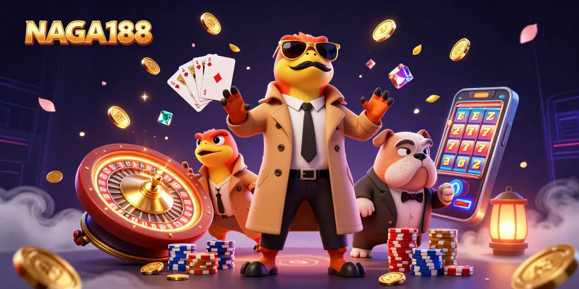 NAGA188 hadir dengan ilustrasi kasino yang menarik dan menghibur, menampilkan raptor 3D dalam jas dan anjing bulldog sebagai petugas keamanan.