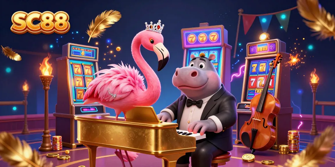Engage with SC88 slots featuring a vibrant casino scene with animated characters and lively game elements.