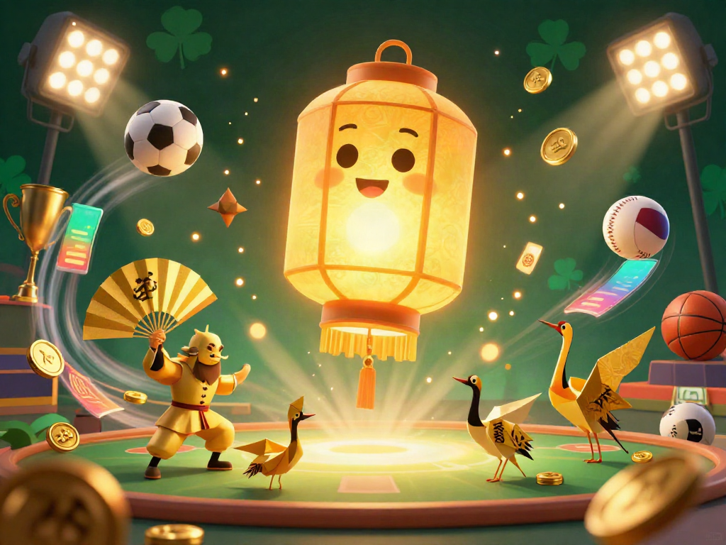Experience TX88's vibrant gaming world with a glowing lantern spirit amidst dynamic sports action and casino elements.