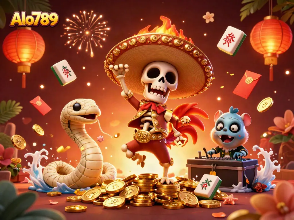 Alo789 promotes excitement and winning with a vibrant illustration featuring a dancing skeleton, a mummy snake, and a DJ hamster.
