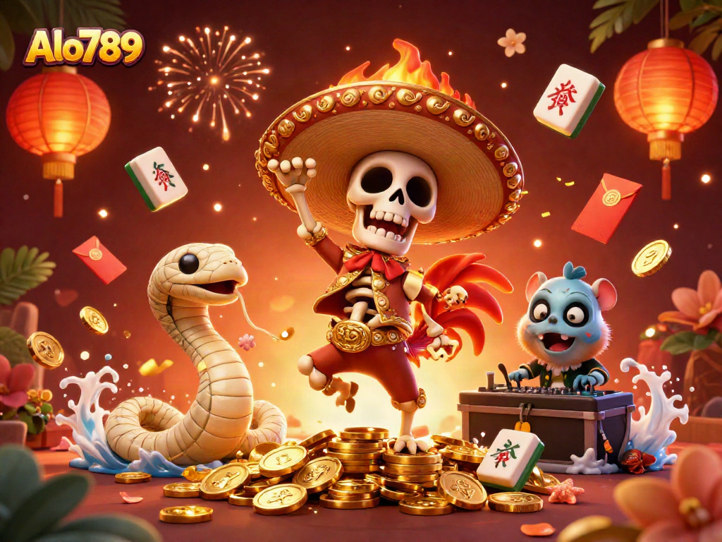 Alo789 promotes excitement and winning with a vibrant illustration featuring a dancing skeleton, a mummy snake, and a DJ hamster.