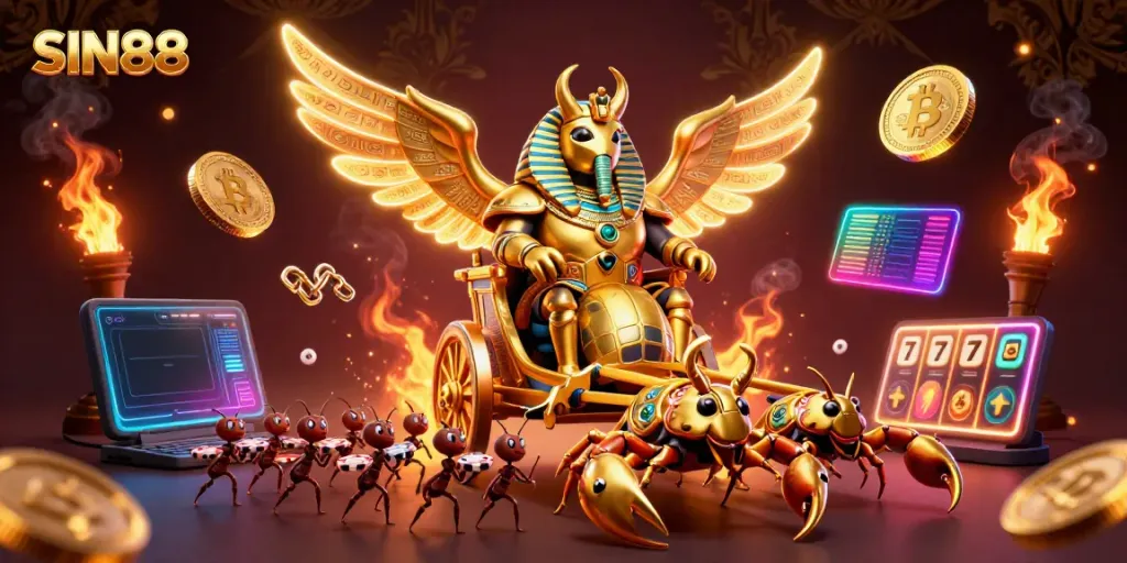 SIN88 engages players with a dazzling chariot scene featuring a golden scarab and scorpions amidst cryptocurrency elements.