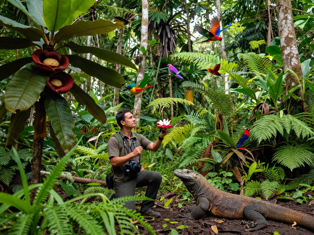 Naturalist exploring biodiversity in Indonesia with rokok88 rtp theme.