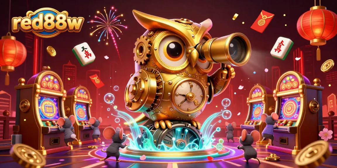 Experience excitement at red88w casino with a golden owl watching over animated 3D slot machines.