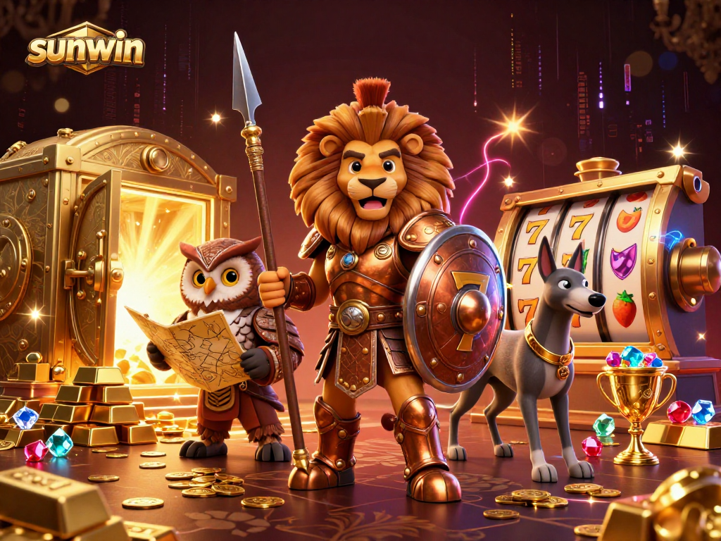 Win big with sunwin in this vibrant, ultra-detailed 3D casino illustration featuring a Spartan lion, owl, and greyhound.