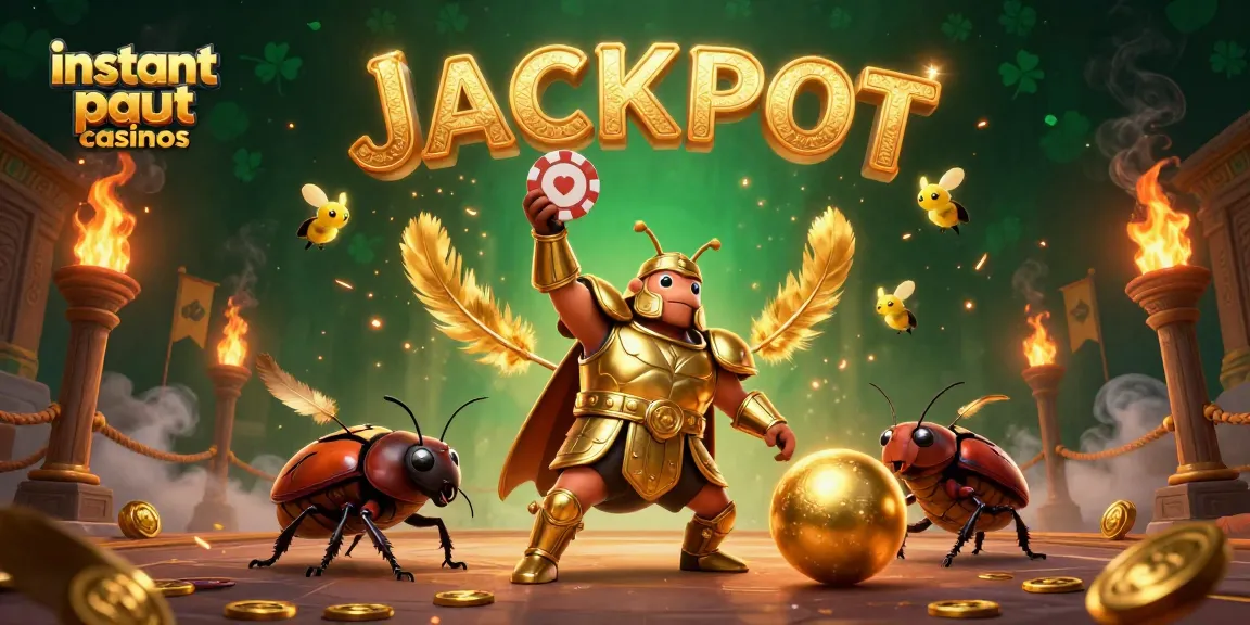 Experience instant payout casinos with a victory pose beetle showing off a poker chip amidst gold coins.