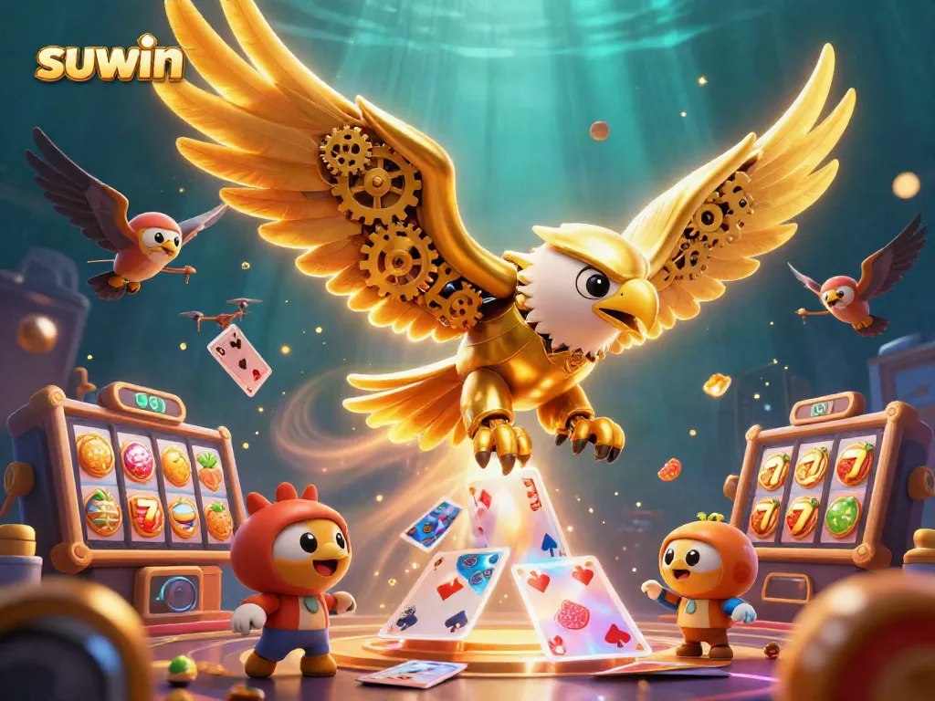 Suwin engages gamblers with thrilling online slot machines and a golden eagle mascot amidst dynamic visuals.