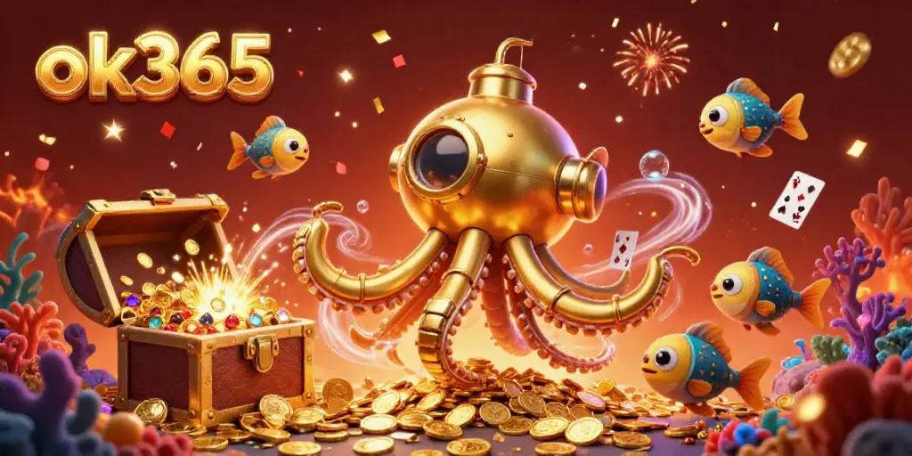 Engage in thrilling action with ok365's vibrant 3D kraken submarine surrounded by underwater treasures and colorful games.