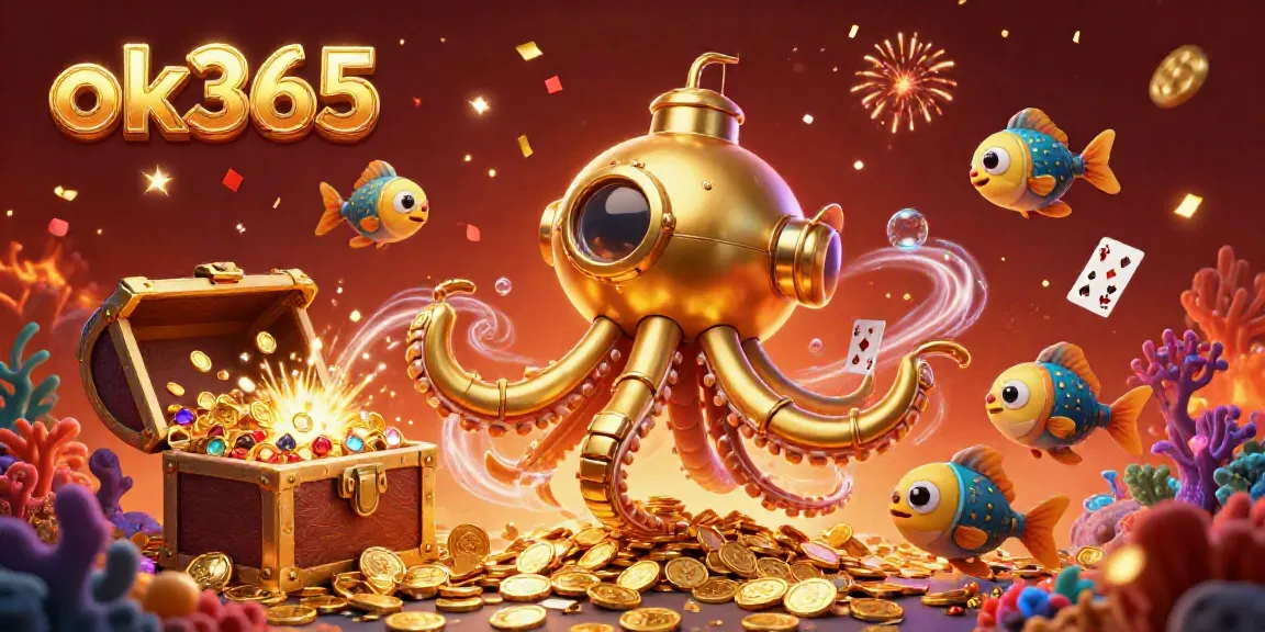 Engage in thrilling action with ok365's vibrant 3D kraken submarine surrounded by underwater treasures and colorful games.
