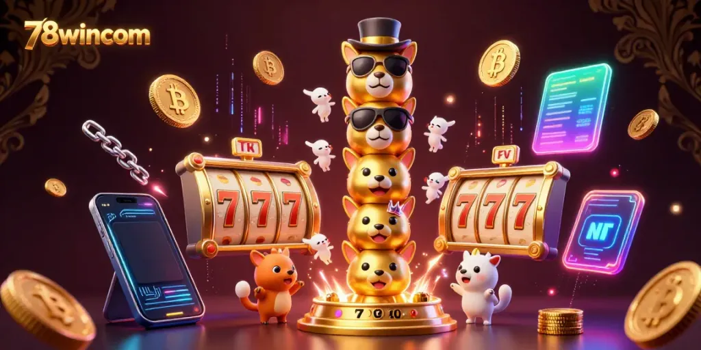 Engage with 78wincom's vibrant online casino world through an intricate 3D illustration showcasing fun game elements.