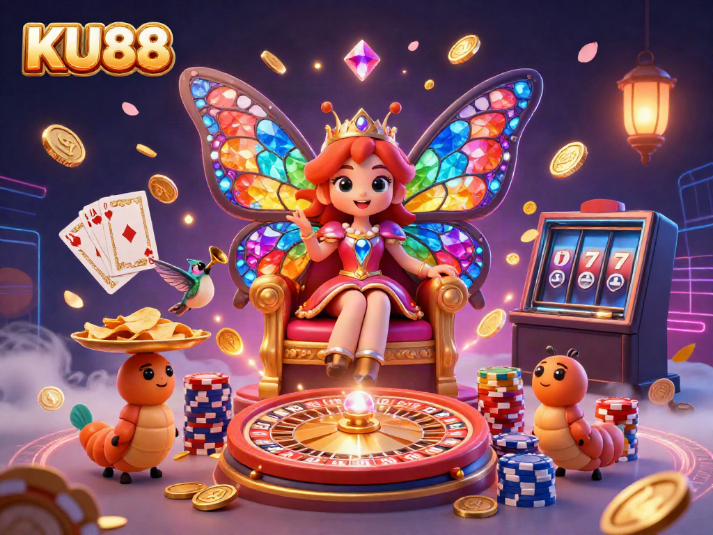Experience excitement at KU88 with a vibrant illustration depicting a butterfly queen amidst gaming elements and golden rewards.