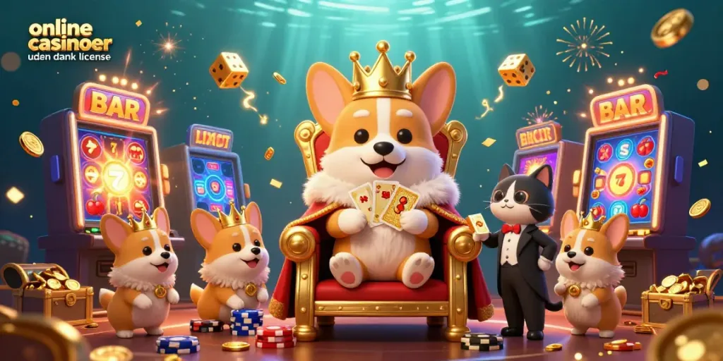 Enjoy exciting gaming action at online casinoer uden dansk licens with a vibrant corgi-themed casino illustration.