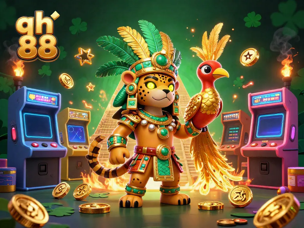 Engage in thrilling action at qh 88, featuring a 3D jaguar priest and gaming elements in vivid illustration.