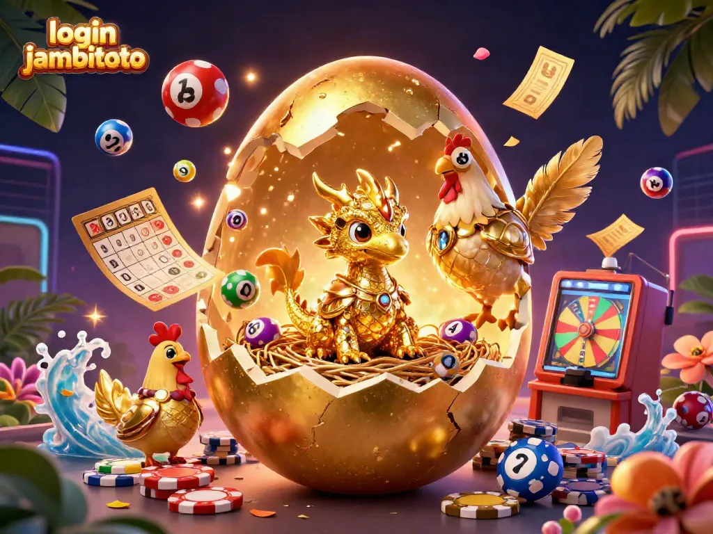 Experience login jambitoto with a vibrant scene featuring a baby dragon made of gold amidst colorful gambling elements.