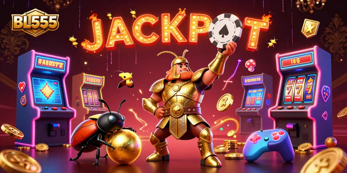 Engage with BL555's thrilling casino experience featuring a victorious beetle hero and jackpot symbols.