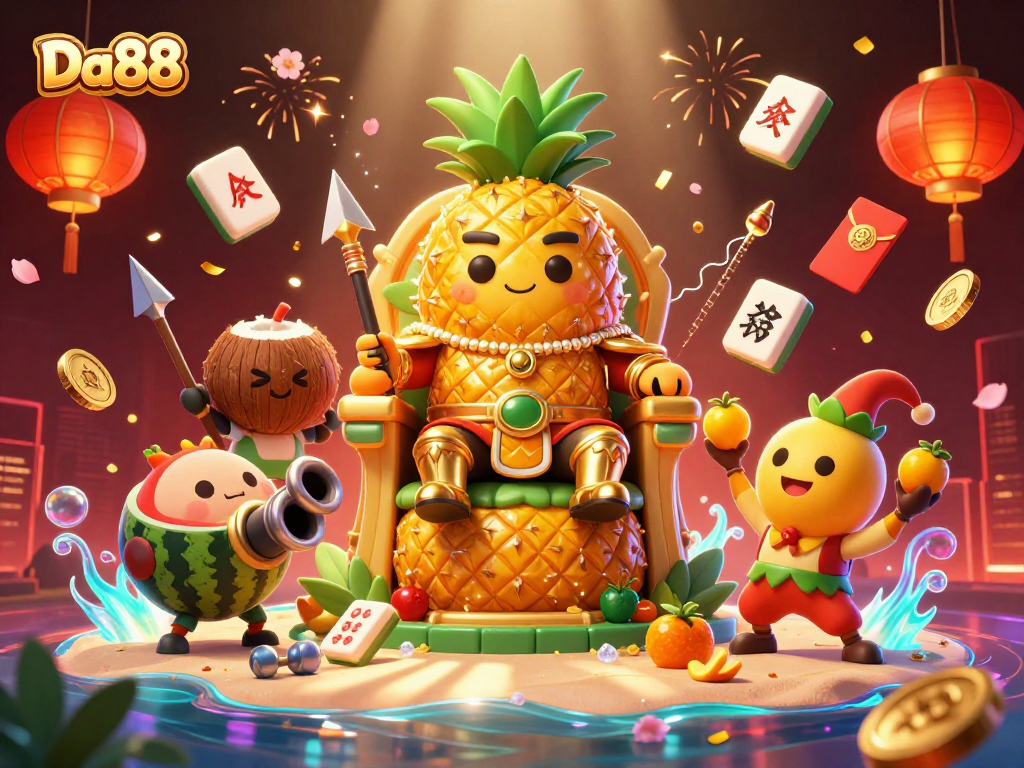 Experience Da88’s vibrant casino atmosphere with a golden pineapple king and lively game elements.