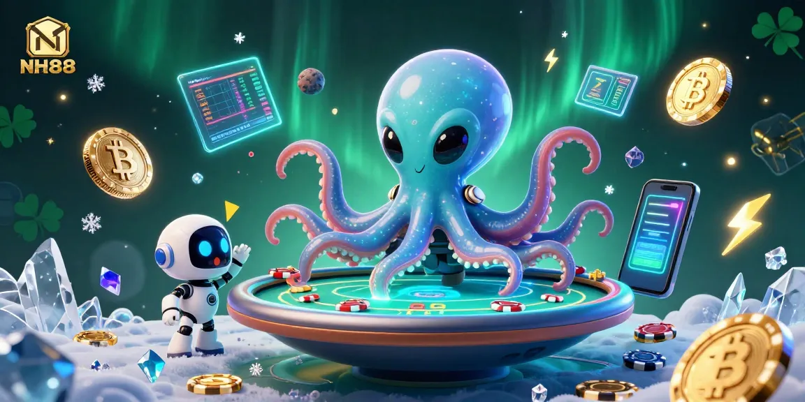 Engage with NH88's dynamic gaming world via an alien octopus at a holographic poker table.