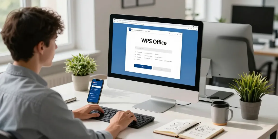 Download WPS Office on a modern desktop computer in a professional workspace.