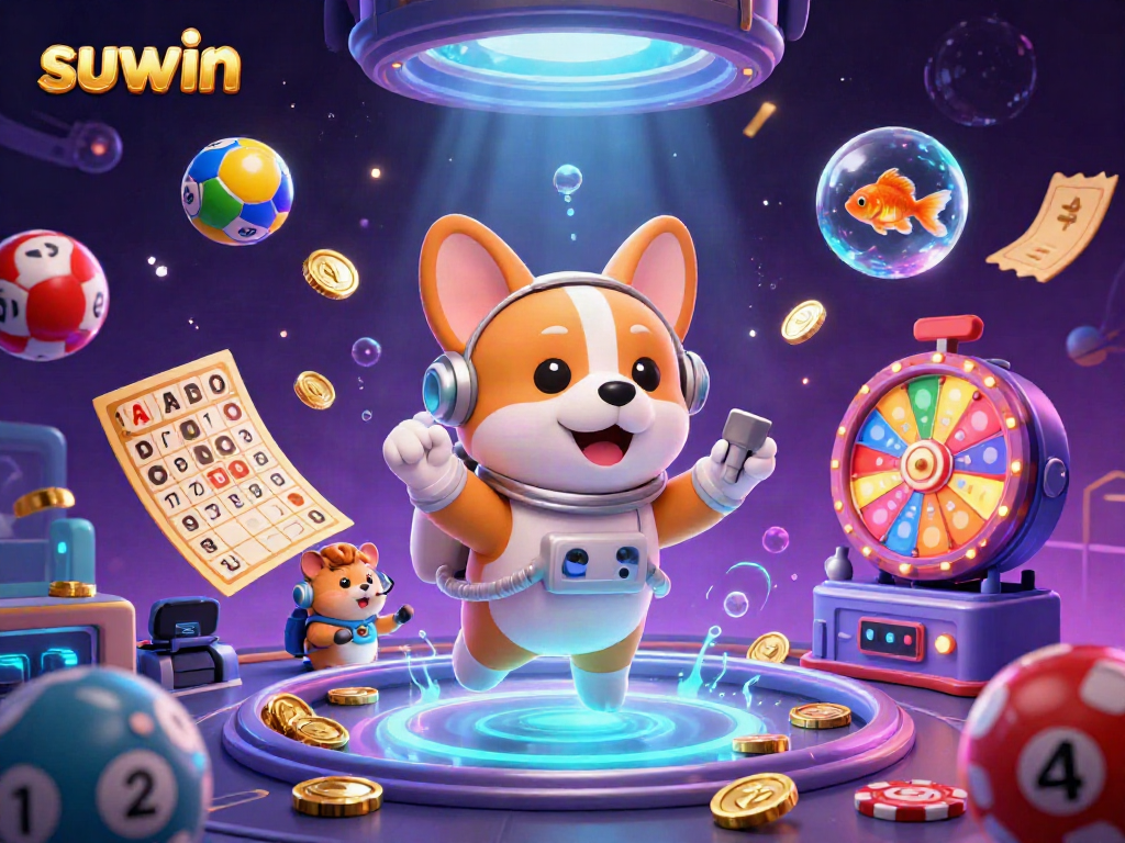 Watch the suwin astronaut corgi floating in a lively space casino with golden coins and lottery balls.