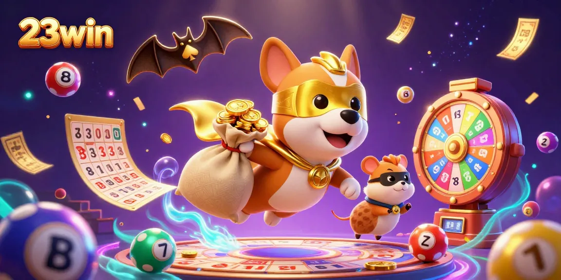 Engaging 23win lottery scene featuring a superhero dog and lively game elements.