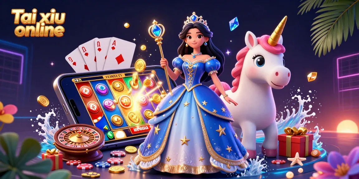 Tai xiu online scene showing a glamorous woman and unicorn with colorful gaming elements and vibrant details.