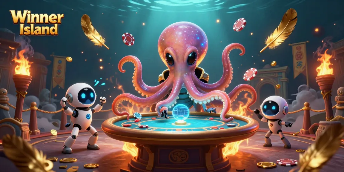 The dynamic Winner Island casino illustration showcases a 3D cartoon alien octopus enthusiastically interacting at a holographic poker table.