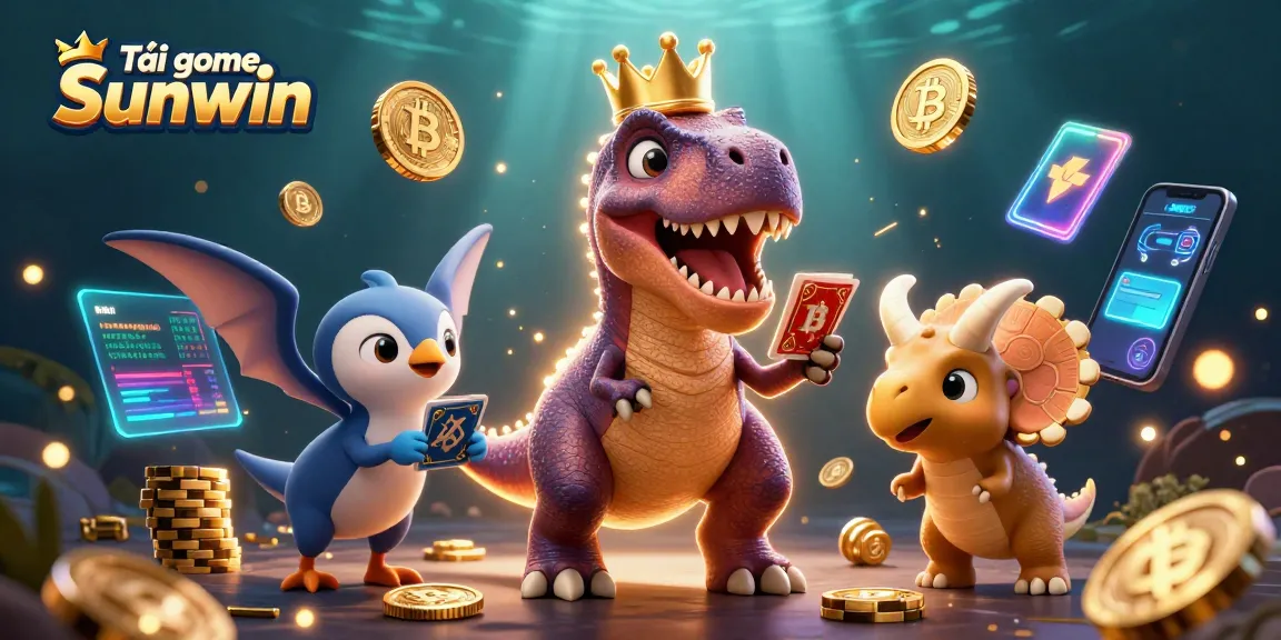 Tải game Sunwin with a friendly T-Rex and pterodactyl at a colorful casino scene