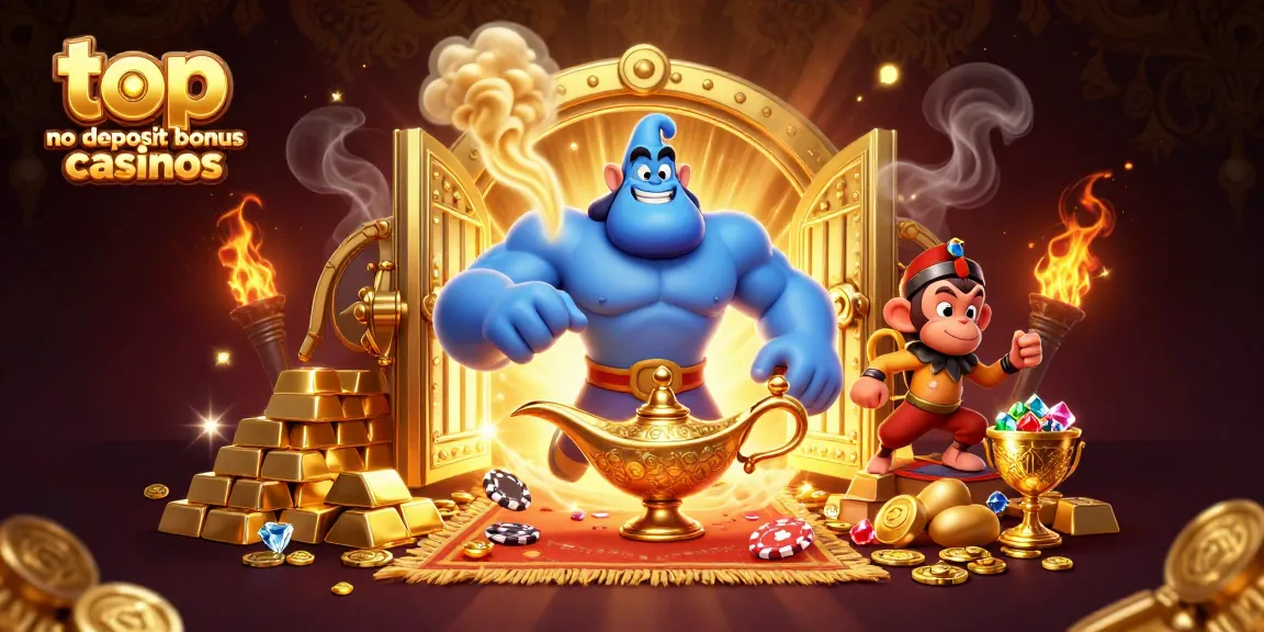 Engage with top no deposit bonus casinos featuring a magical genie, monkey, and poker chips.