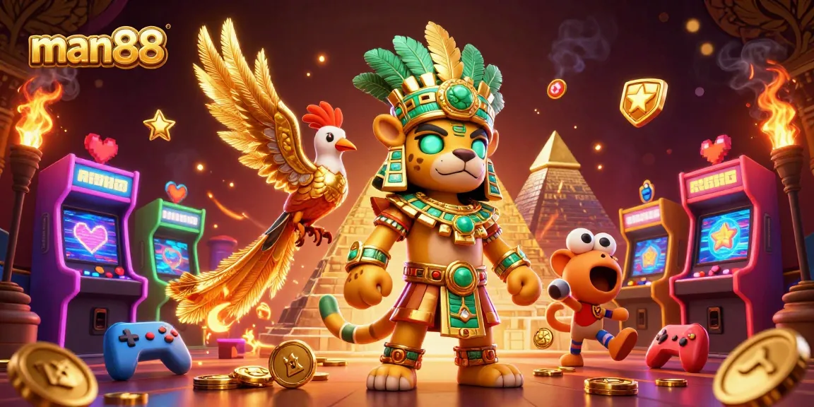 Experience man88's vibrant casino adventure with Mayan characters and arcade excitement.