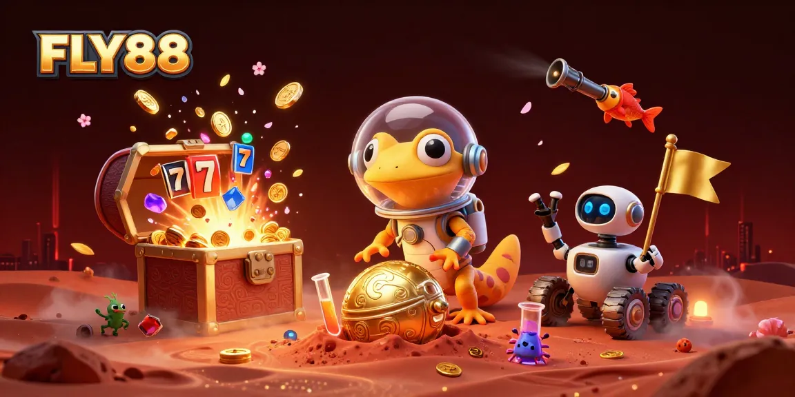 Experience FLY88's vibrant slots adventure with a Martian gecko discovering a golden casino.