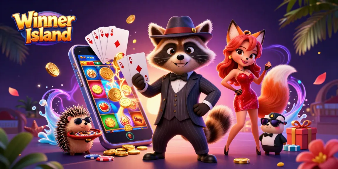 Experience exciting wins at Winner Island with vibrant casino characters amidst thrilling game elements.