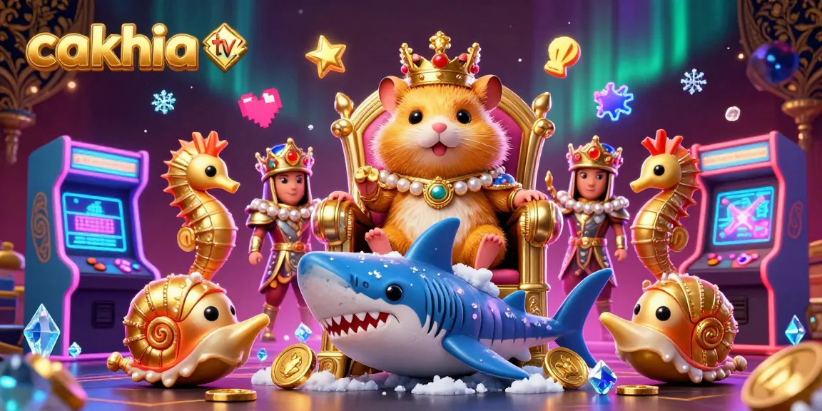 Cakhia tv captures the fierce golden hamster king on a megalodon throne, surrounded by dynamic gambling game elements.