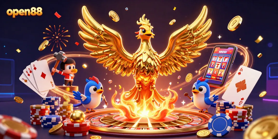 Experience thrilling wins with open88, featuring a molten phoenix and vibrant casino elements.