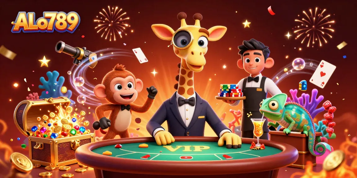 Experience thrilling betting adventures with ALo789 through a vibrant casino scene showcasing high-rollers and game elements.
