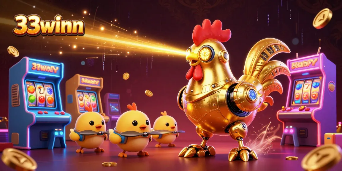 Experience thrilling gaming at 33winn with a vibrant scene featuring a golden rooster robot and arcade elements.
