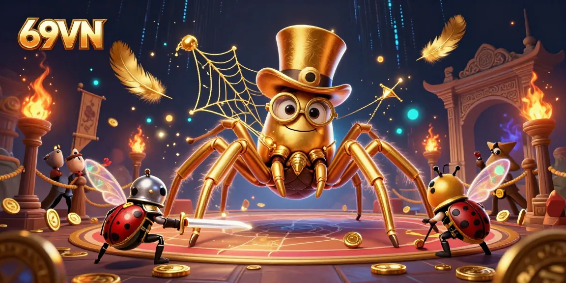 Witness the excitement at 69VN as the giant golden tarantula weaves its winning web amidst vibrant casino action.