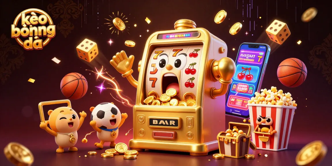 Bet, win, and play kèo bóng đá with exciting 3D casino illustration showcasing golden slot machines and sports elements.