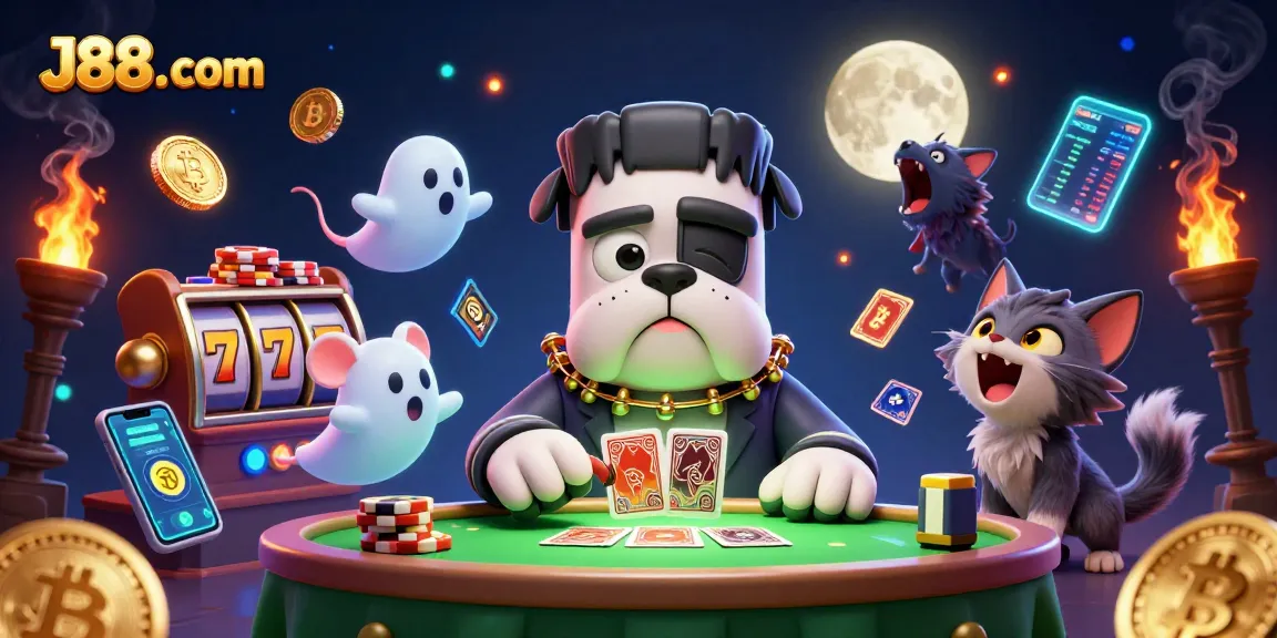 Engage with J88. com by playing cards at a spooky casino table featuring whimsical characters.